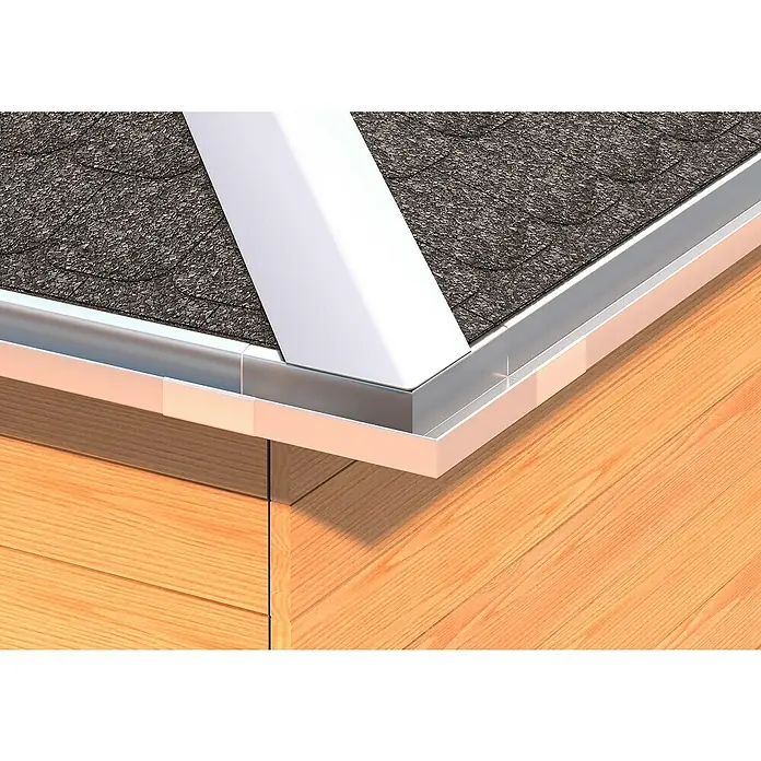 Sarei Piccolo Kastenrinnenwinkel - Nennweite: 70 mm, Außenecke, Aluminium, Silber - Nahaufnahme einer modernen Dachrinne aus Aluminium, die saubere Linien und hochwertige Materialien zeigt. Ideal für Neubau oder Renovierung.