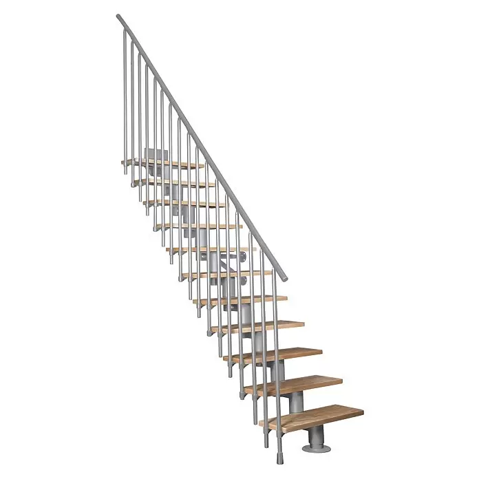 Atrium Mittelholmtreppe Dixi Vertical - Farbton Metall: RAL 9006, Breite: 80 cm, Buche, Gerade, Geschosshöhe: 222 cm - 300 cm - Moderne Modultreppe mit hellen Holzstufen und silbernem Metallgeländer. Jede Stufe ist individuell gestützt.