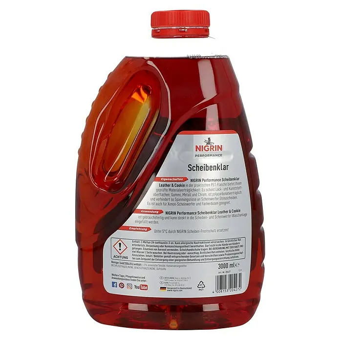 Nigrin Performance Scheibenklar Fertigmix Leather & Cookie - 3 l - Eine Flasche Nigrin Performance Scheibenklar Leather & Cookie, ein gebrauchsfertiges Scheibenreinigungsmittel für klare Sicht.