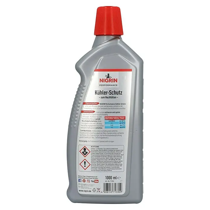 Nigrin Performance Kühlerschutz - 1 l, Geeignet für: Alle Motoren, -36 °C - Produktfoto von Nigrin Kühlerschutz, einer Kühlflüssigkeit zum Nachfüllen mit rotem Verschluss und grauem Behälter.