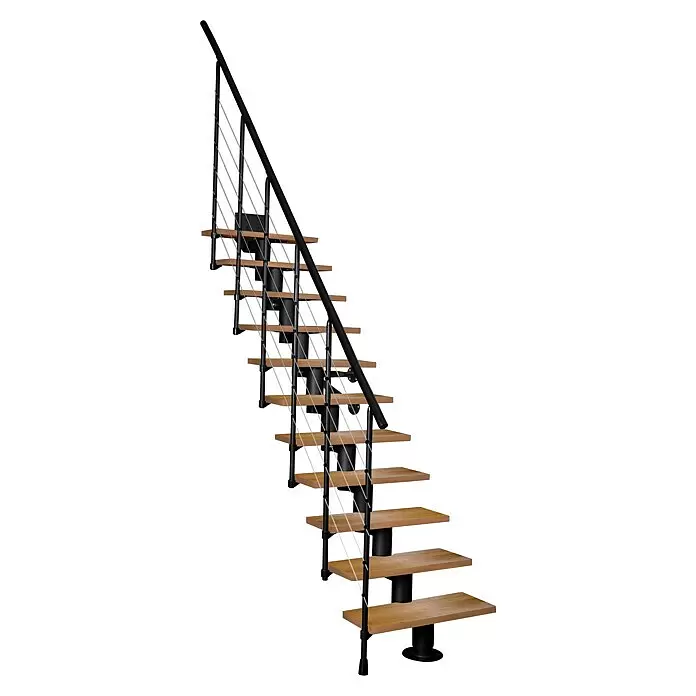 Atrium Mittelholmtreppe Dixi - Farbton Metall: RAL 9005, Breite: 80 cm, Buche, Gerade, Geschosshöhe: 222 cm - 300 cm - Modulare Treppe mit hellen Holzstufen, schwarzem Metallrahmen, Handlauf und dünnen Metallseilen.