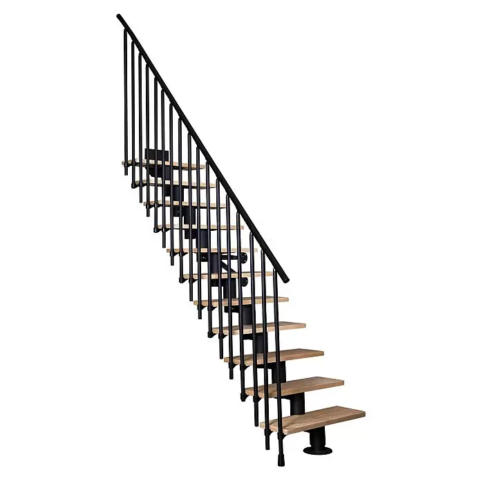 Atrium Mittelholmtreppe Dixi Vertical - Farbton Metall: RAL 9005, Breite: 80 cm, Buche, Gerade, Geschosshöhe: 222 cm - 300 cm - Moderne Innentreppe mit Holzstufen und schwarzem Metallgeländer sowie -stützen.