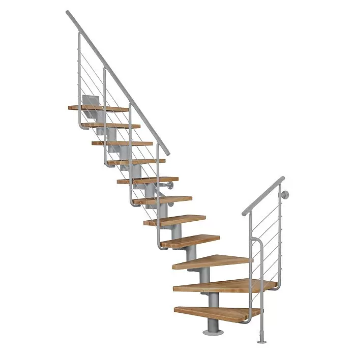 Atrium Mittelholmtreppe Dixi Plus - Farbton Metall: RAL 9006, Breite: 70 mm, Buche, 1/4-gewendelt, Geschosshöhe: 222 cm - 300 cm - Moderne Wendeltreppe mit hellen Holzstufen, zentraler grauer Metallsäule und passendem Metallgeländer mit dünnen Balustern.