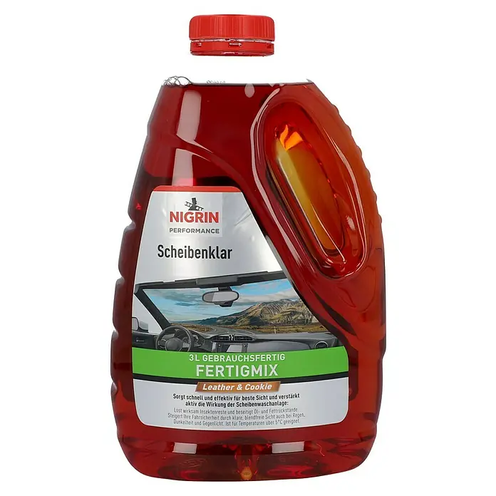Nigrin Performance Scheibenklar Fertigmix Leather & Cookie - 3 l - Produktfoto eines Nigrin Scheibenklar Fertigmix "Leather & Cookie" für klare Sicht und effektive Reinigung der Autoscheibe.