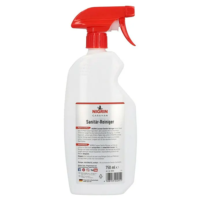 Nigrin Caravan Sanitärreiniger - 750 ml - Abbildung einer Flasche Nigrin Caravan Sanitär-Reiniger. Ideal für die Reinigung und Pflege von Sanitäranlagen im Wohnwagen.