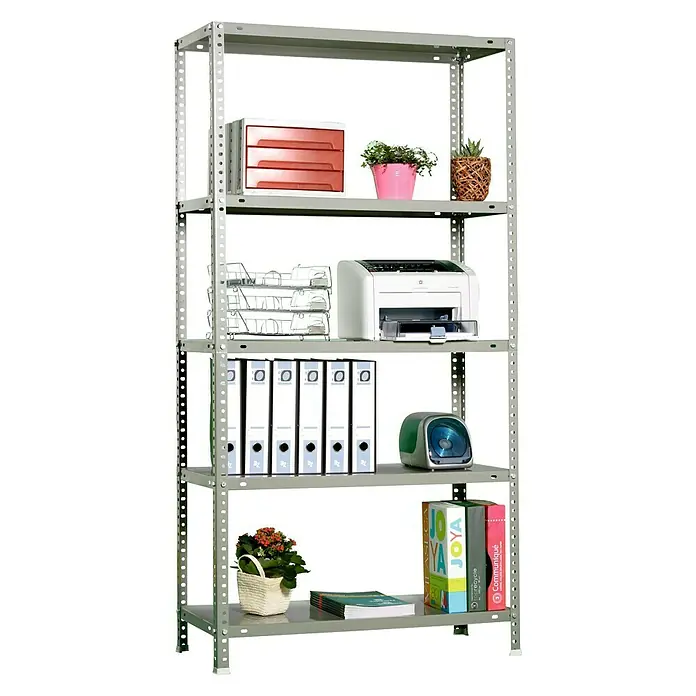 Simonrack Simonclassic Metallregal Comfort - H x B x T: 180 x 90 x 50 cm, Traglast pro Boden: 100 kg, Anzahl Böden: 5 Stk., Schrauben, Grau - Metallregal mit Büroartikeln. Das Regal ist mit Ordnern, Drucker, Pflanzen und anderen Büromaterialien gefüllt.