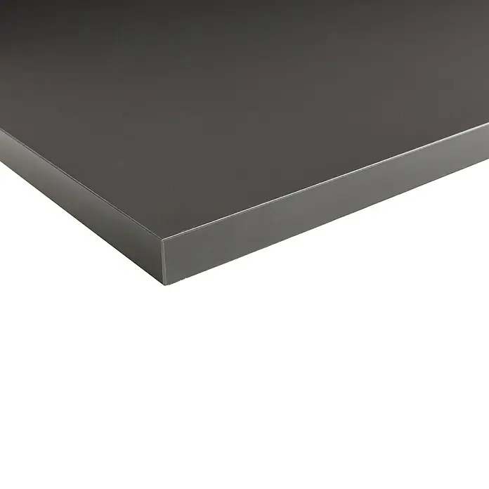 Tischplatte - Anthrazit, 120 cm x 80 cm x 25 mm - Nahaufnahme einer eleganten, dunklen Arbeitsplatte mit einer glatten, reflektierenden Oberfläche, ideal für moderne Küchen- und Badgestaltung.