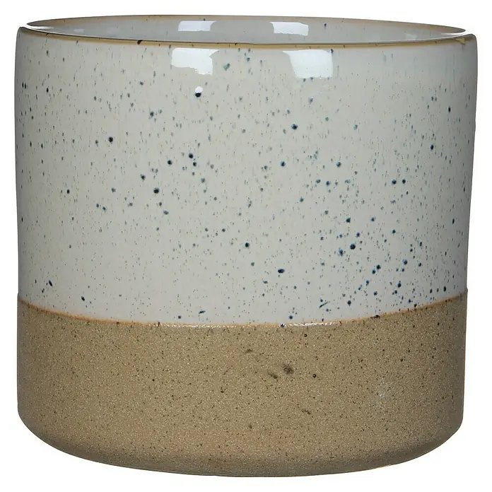 Mica Decorations Übertopf rund Lago - Außenmaß (Ø x H): 20,5 x 18 cm, Keramik, Weiß/Braun - Nahaufnahme eines zylindrischen Keramikübertopfes mit gesprenkeltem, cremefarbenem Oberteil und naturfarbener, matter Unterseite.
