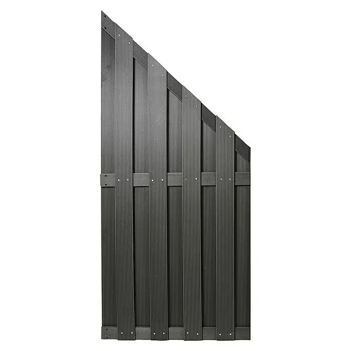T & J Sichtschutzelement Shanghai - 90 x 90/180 cm, Anthrazit - Dunkelgraues WPC-Zaunelement mit vertikal gerippten Brettern und horizontalen Verbindungselementen, mit schräger Oberkante.