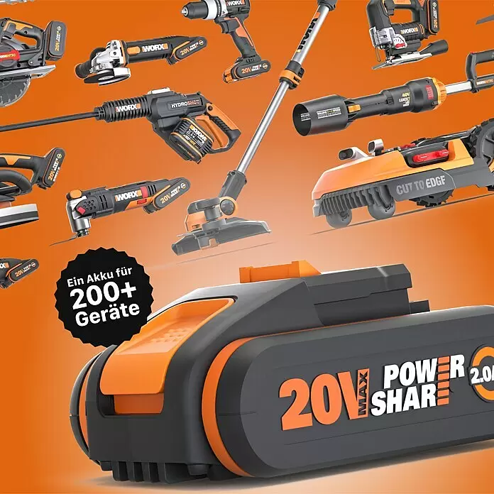 Worx PowerShare 20V Akku-Multifunktionswerkzeug WX693.9 - 20 V, Ohne Akku, 4 Ah - Ein schwarzer und orangefarbener 20V MAX Power Share 2.0Ah Akku, umgeben von kompatiblen Worx Werkzeugen, der seine Vielseitigkeit für über 200 Geräte hervorhebt.
