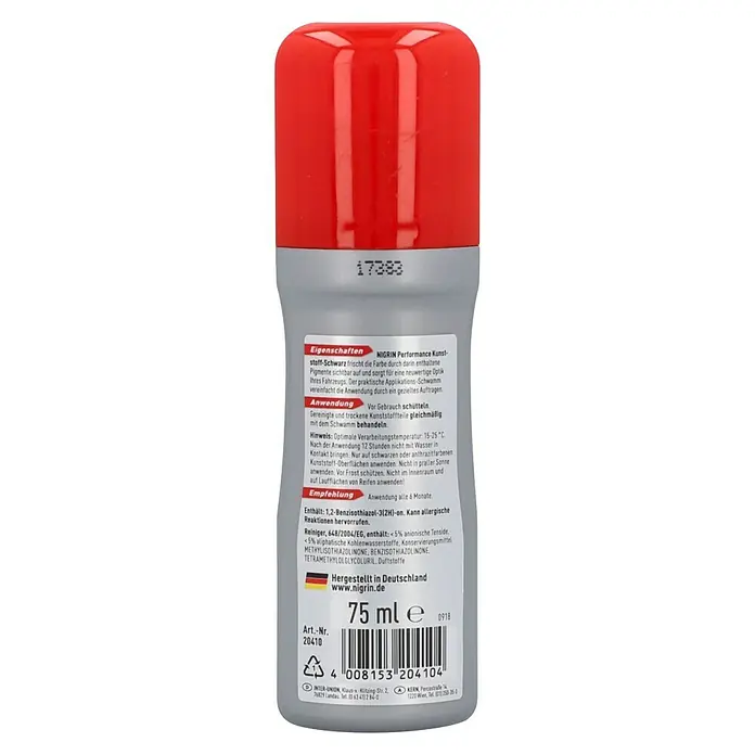 Nigrin Performance Kunststoff-Reiniger Schwarz - 75 ml, Autolacke - Nigrin Kunststoff-Schwarz Intensivpflege mit Schwammapplikator. Frischt die Farbe auf und sorgt für neuwertige Optik von Kunststoffoberflächen am Auto.