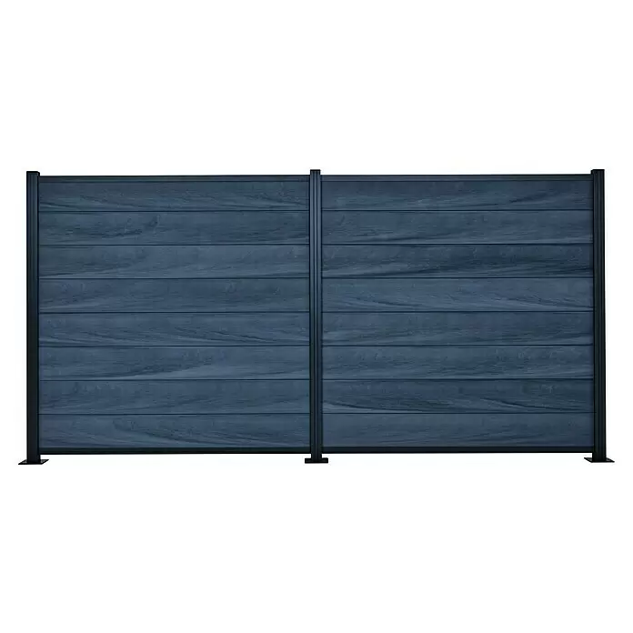 T & J Sichtschutzelement Lamelle Öland - 179 x 21 cm, Greystone - Dunkelgraues Zaunfeld in Holzoptik mit horizontalen Latten und schwarzen Metallpfosten als Sichtschutz.