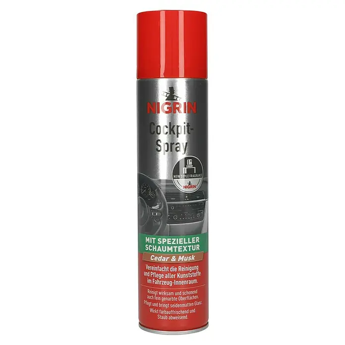 Nigrin Cockpit-Spray - 400 ml, Cedar & Musk - Nigrin Cockpit-Spray für die Reinigung und Pflege von Kunststoffen im Fahrzeuginnenraum mit Zedern- und Moschusduft für seidenmatten Glanz.
