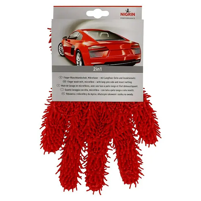 Nigrin Performance Finger- & Waschhandschuh - Rot, Mikrofaser - Fingerwaschhandschuh "NIGRIN PERFORMANCE" 2in1 aus Mikrofaser für die Autopflege mit Langfloor-Seite und Insektennetz.