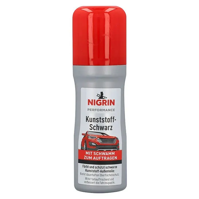 Nigrin Performance Kunststoff-Reiniger Schwarz - 75 ml, Autolacke - Nigrin Kunststoff-Schwarz mit Schwamm zum Auftragen. Färbt und schützt schwarze Kunststoff-Außenteile und verbessert die Fahrzeugoptik.