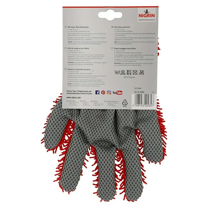 Nigrin Performance Finger- & Waschhandschuh - Rot, Mikrofaser - Mikrofaser Waschhandschuh von Nigrin Performance, ideal für die Autopflege, mit zwei Seiten für verschiedene Verschmutzungen.