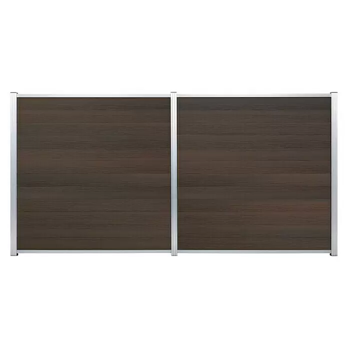T & J Sichtschutzelement Skär - 1.796 x 146 mm, Mokka - Zwei dunkelbraune, holzstrukturierte Zaunfelder mit silbernen Aluminiumrahmen, als modularer Sichtschutz.