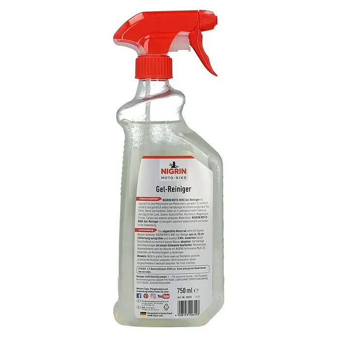 Nigrin Moto-Bike Motorrad-Reiniger750 ml - Bild eines NIGRIN Moto-Bike Gel-Reinigers in einer Sprühflasche mit rotem Sprühkopf.