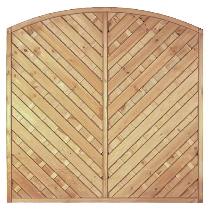 T & J Sichtschutzelement Maxi Diagonalbogen I - 180 x 180 cm, Holz, Braun - Hölzernes Gartentor mit Bogen oben, helles Naturholz in diagonalem Fischgrätmuster.
