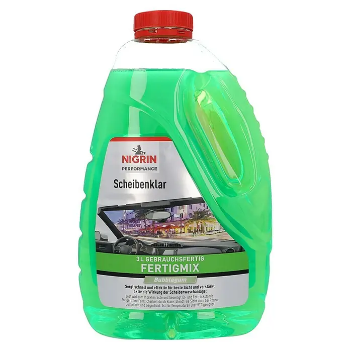 Nigrin Performance Scheibenklar Fertigmix - 3 l, Duft: Bubblegum - Flasche Nigrin Scheibenklar Fertigmix mit Bubblegum-Duft. Reinigt Scheiben schnell und effektiv für klare Sicht und erhöhte Fahrsicherheit.
