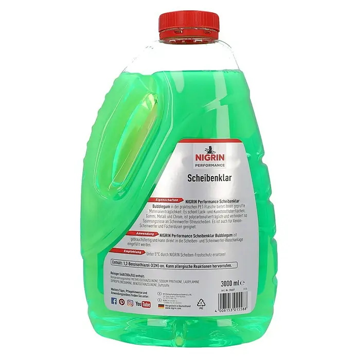 Nigrin Performance Scheibenklar Fertigmix - 3 l, Duft: Bubblegum - Abbildung einer 3L Flasche Nigrin Performance Scheibenklar Bubblegum Scheibenreiniger, gebrauchsfertig für die Scheiben- und Scheinwerferwaschanlage.