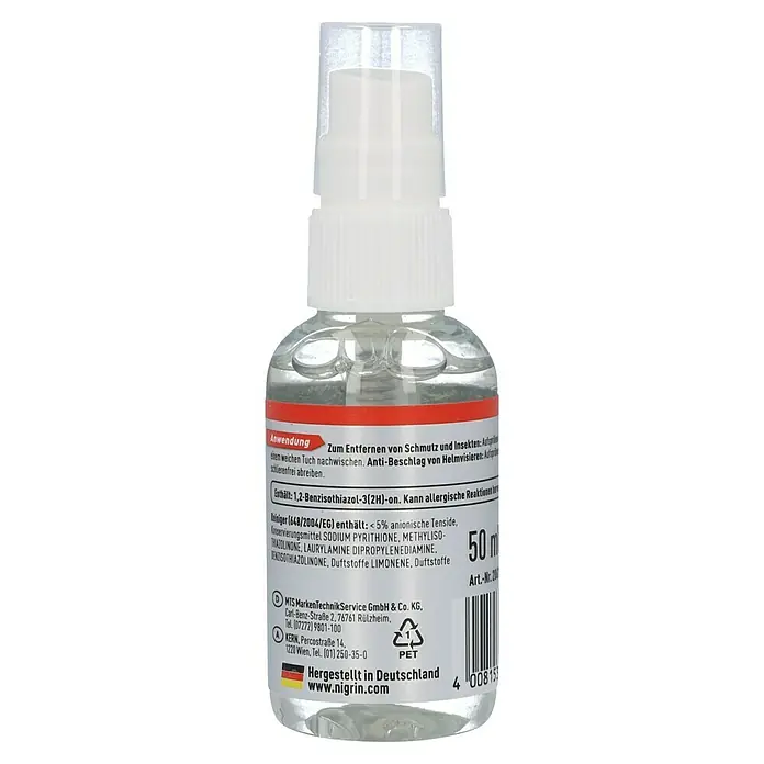 Nigrin Moto-Bike Reinigungsmittel - 50 ml, Sprühkopf - Produktabbildung: Eine Flasche Nigrin Reiniger für Helmvisiere und mehr. Entfernt Schmutz und Insekten, wirkt Ant-Beschlag, 50 ml.