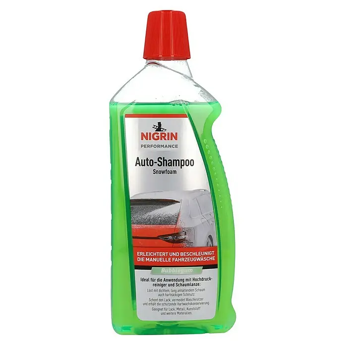 Nigrin Performance Auto-Shampoo Snowfoam - 1 l - Die Flasche Nigrin Auto-Shampoo Snowfoam "Bubblegum" für eine mühelose Fahrzeugwäsche mit Hochdruckreiniger.