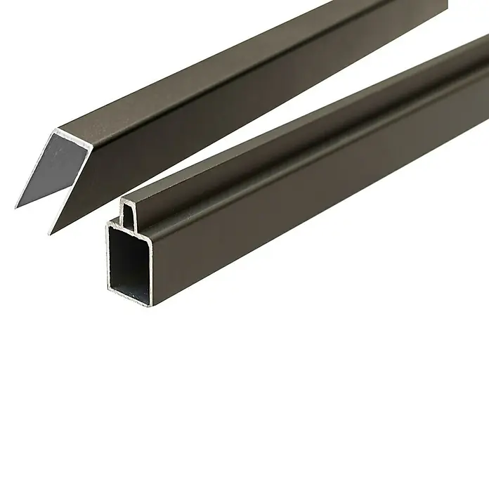 T & J Abschlussleiste Eco - Höhe: 179 cm, Aluminium, Anthrazit - Bild von zwei Aluminiumprofilen, eines dreieckig und eines rechteckig, für Bau- oder Konstruktionsprojekte.