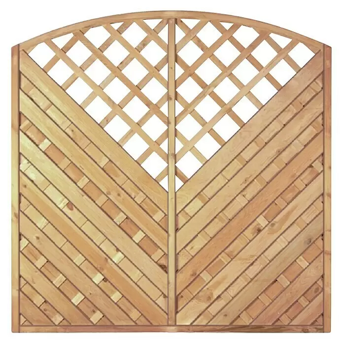 T & J Sichtschutzelement Maxi Diagonalbogen II - 180 x 180 cm, Holz, Braun - Helles Holztor mit Rundbogen, diagonalen Latten unten und Rauten-Rankgitter oben.