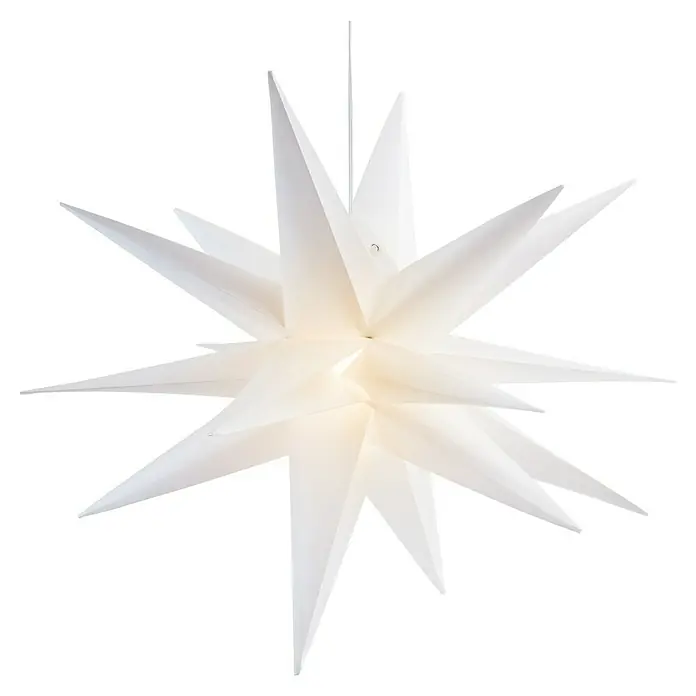 Tween Light LED-Stern 3D Kunststoff hängend - 50 cm, Weiß, Lichtfarbe: Warmweiß, IP44, Netzbetrieben - Eine Nahaufnahme eines großen, hängenden weißen Sterns mit einem leuchtenden Zentrum, der eine festliche Atmosphäre schafft.