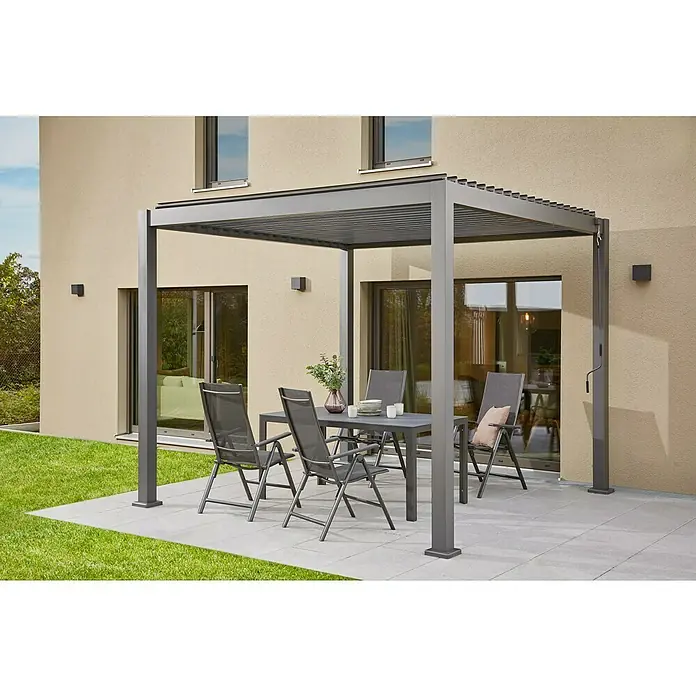 Sunfun Maja Slim Gartenmöbel-Set - 5 -tlg., Glas/Aluminium/Textilen, Anthrazit - Eleganter Terrassen-Pavillon mit verstellbarem Lamellendach und stilvollem Gartenmöbel-Set auf gepflasterter Fläche.