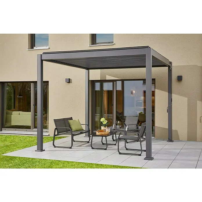 Sunfun Milos Lamellenpavillon - B x T: 294 x 294 cm, Farbe Gestell: Night-Grey, Aluminium - Moderne Terrassenüberdachung mit Loungemöbeln. Das hochwertige Design bietet Komfort und Schutz im Freien.