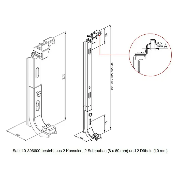 Heizkörper-Befestigung - Heizkörperbauhöhe: 300 - 600 mm - Abbildung einer Halterung mit den Maßen 200 mm Höhe, 48 mm Tiefe, 82 mm oberer Abstand und 45 mm unterer Abstand.