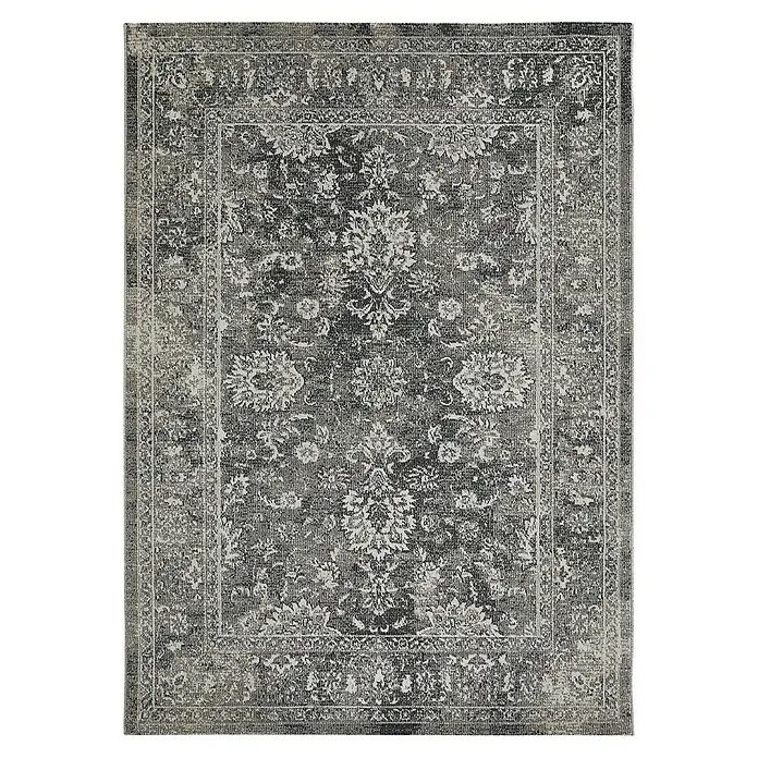 Outdoor-Teppich Austin - Grau, 190 x 133 cm, 100 % Polypropylen - Ein detailreicher, rechteckiger grauer Teppich mit traditionellem Muster und Bordüre, ideal für klassische Wohnräume.