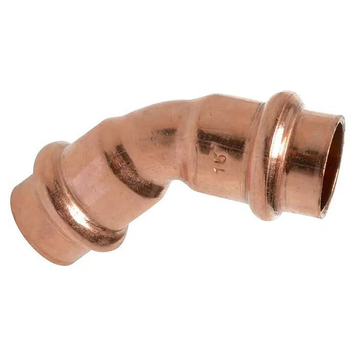 Kupfer-Presswinkel II - Durchmesser: 15 mm, Winkel: 45 °, Presskontur: V - Kupfer-Pressfitting-Bogen 45°: Robuste Kupferkonstruktion für zuverlässige Rohrverbindungen, ideal für Sanitär- und Heizungsinstallationen.