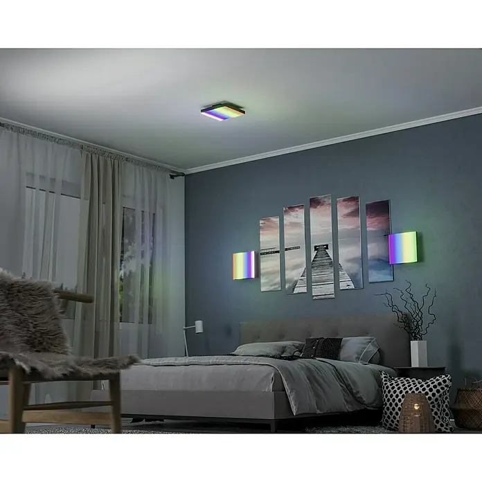 Paulmann LED-Panel Velora Rainbow - 16 W, L x B x H: 29,5 x 29,5 x 6,4 cm, Schwarz, RGBW - Schlafzimmer mit LED-Deckenleuchte und farbigen Wandleuchten. Die Leuchten sorgen für eine stimmungsvolle Atmosphäre im Raum.