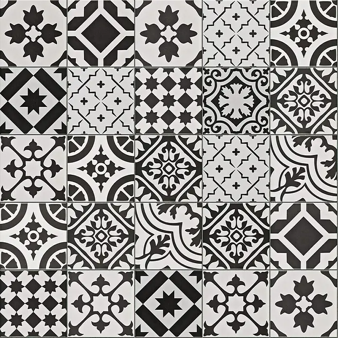Modern Style Feinsteinzeugfliese Queens - 15 x 15 cm, Schwarz/Weiß, Matt - Schwarze und weiße Fliesen mit floralen und geometrischen Mustern, die ein dekoratives und vintage-inspiriertes Design zeigen.