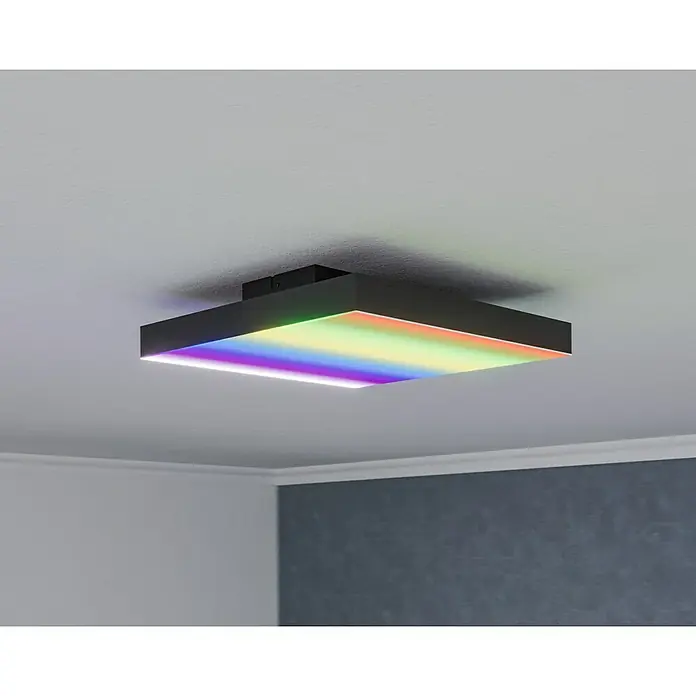 Paulmann LED-Panel Velora Rainbow - 16 W, L x B x H: 29,5 x 29,5 x 6,4 cm, Schwarz, RGBW - Quadratische Deckenleuchte mit farbiger Beleuchtung und schwarzem Rahmen, die eine moderne und stimmungsvolle Atmosphäre schafft.