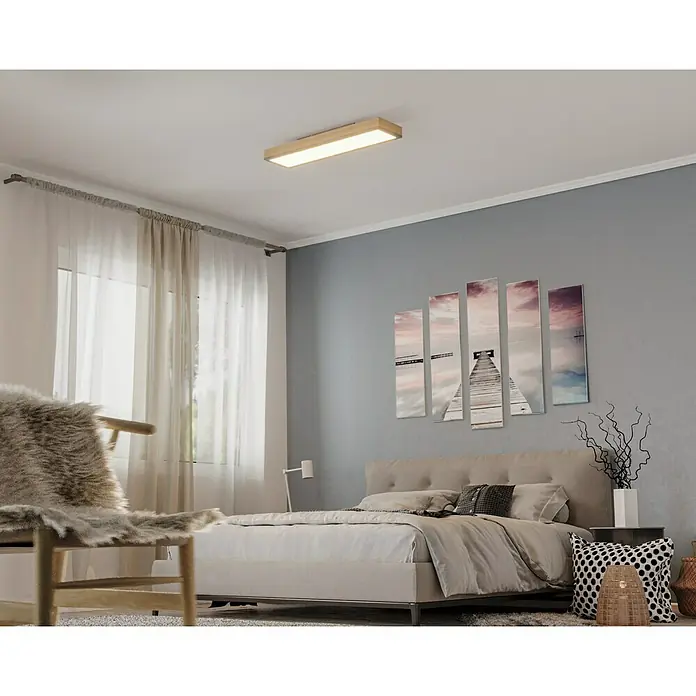 Globo Doro LED-Panel Holzoptik - 24 W, 80 x 20 cm, Holzoptik/Graphit, Mehrfarbig - Die LED-Deckenleuchte erhellt das Schlafzimmer mit ihrem warmen Licht und dem schlichten Holzrahmen.