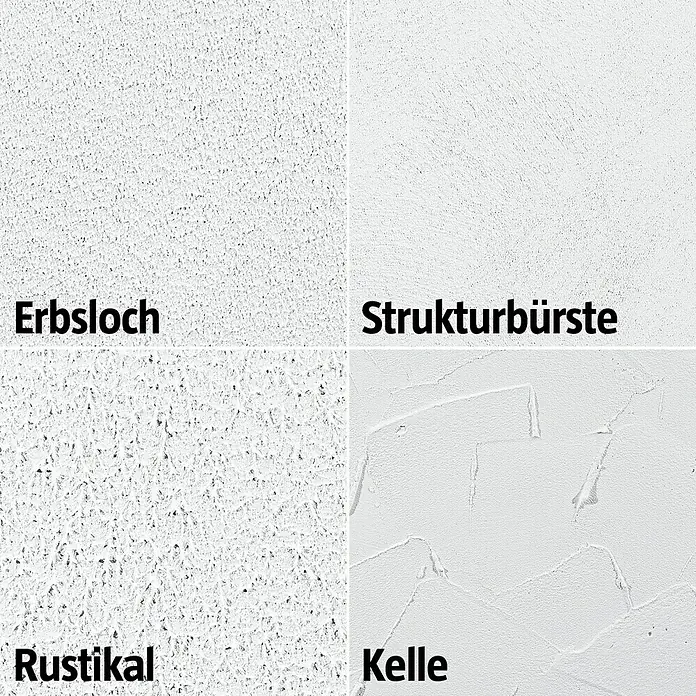 swingcolor Dekoputz Roll- & Streichputz - Weiß, Körnung: 1 mm, 20 kg, Konservierungsmittelfrei - Verschiedene Putzstrukturen: Erbsloch, Strukturbürste, Rustikal und Kelle. Eine hilfreiche Übersicht zur Auswahl der passenden Wandgestaltung.