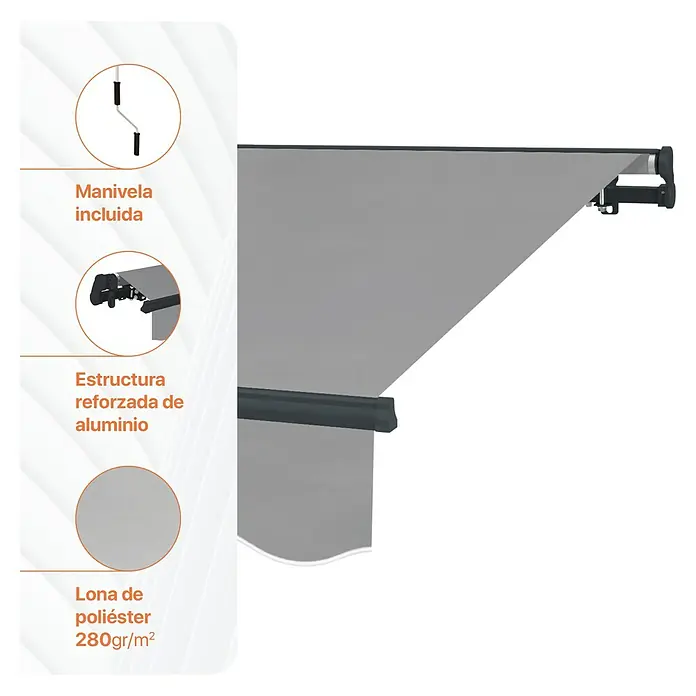 SmartSun Toldo de brazos extensibles Dark Easy Lite - Gris piedra, Ancho: 3 m, Caída: 2 m - Imagen de un toldo con manivela, estructura de aluminio y lona de poliéster de 280 g/m². Ideal para protección solar en exteriores.