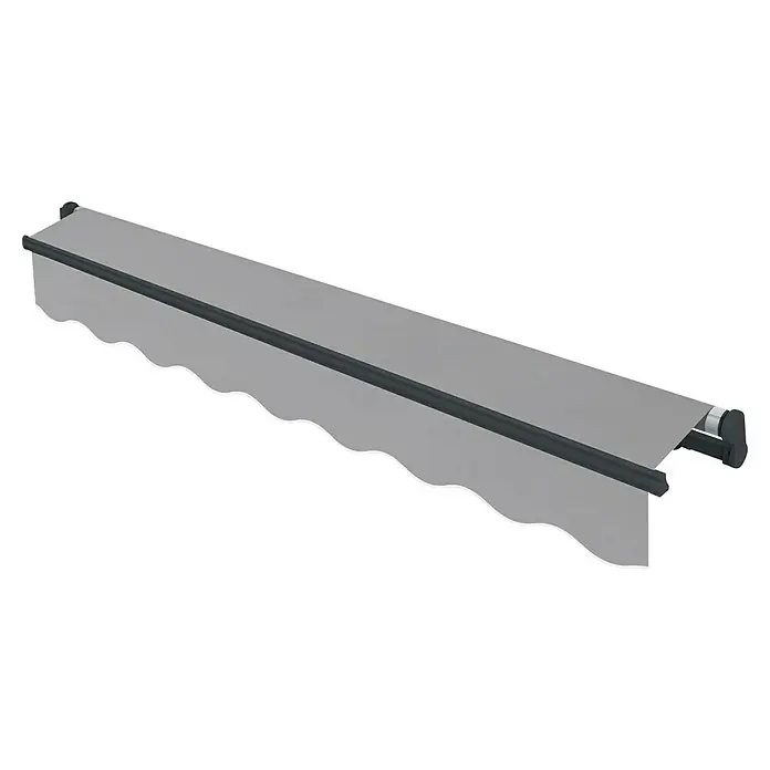 SmartSun Toldo de brazos extensibles Dark Easy Lite - Gris piedra, Ancho: 3 m, Caída: 2 m - Vista del producto de un toldo con tela gris y borde ondulado. La construcción es de color gris oscuro.