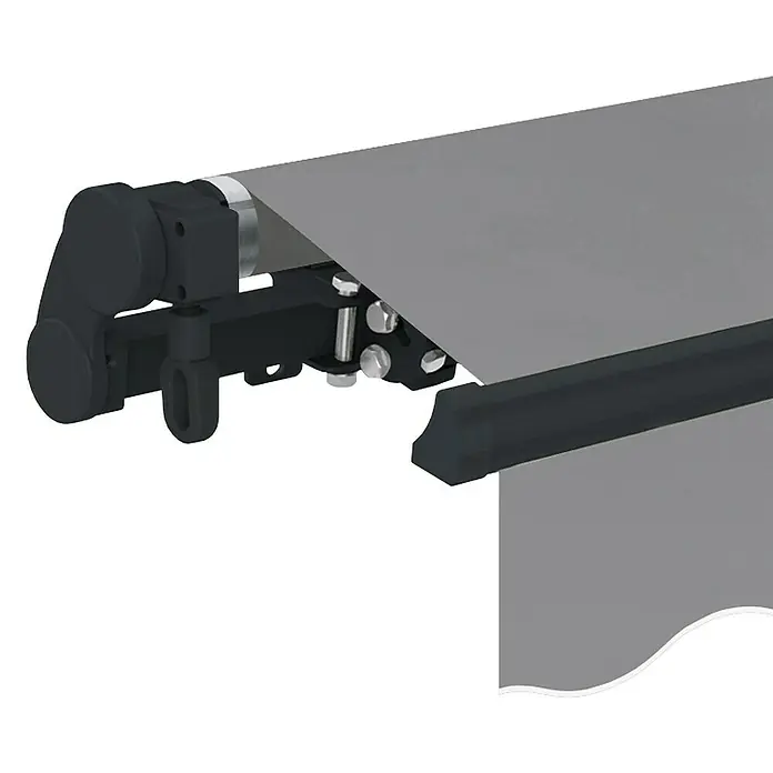 SmartSun Toldo de brazos extensibles Dark Easy Lite - Gris piedra, Ancho: 3 m, Caída: 2 m - Primer plano de un toldo gris que muestra sus componentes mecánicos y la tela gris.