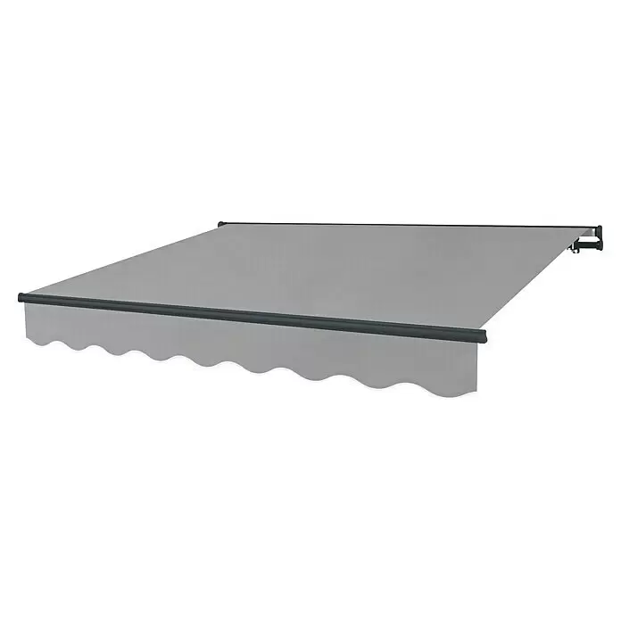 SmartSun Toldo de brazos extensibles Dark Easy Lite - Gris piedra, Ancho: 3 m, Caída: 2 m - Un toldo retráctil gris con borde festoneado y barra frontal oscura, mostrado extendido.