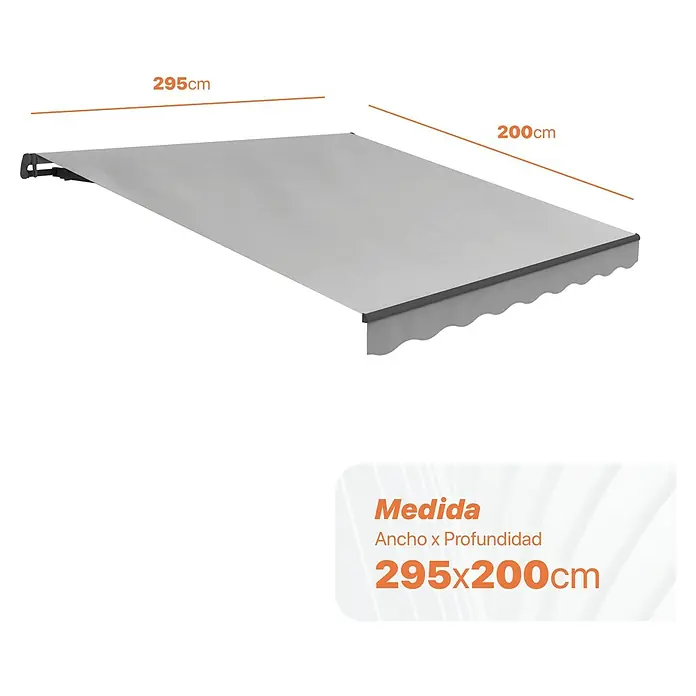 SmartSun Toldo de brazos extensibles Dark Easy Lite - Gris piedra, Ancho: 3 m, Caída: 2 m - Imagen de un toldo con dimensiones de 295 x 200 cm, ideal para la protección solar exterior.
