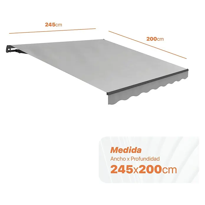 SmartSun Toldo de brazos extensibles Dark Easy Lite - Gris piedra, Ancho: 2,5 m, Caída: 2 m - Imagen del producto de un toldo gris con dimensiones de 245x200 cm. El toldo es extensible y proporciona sombra.