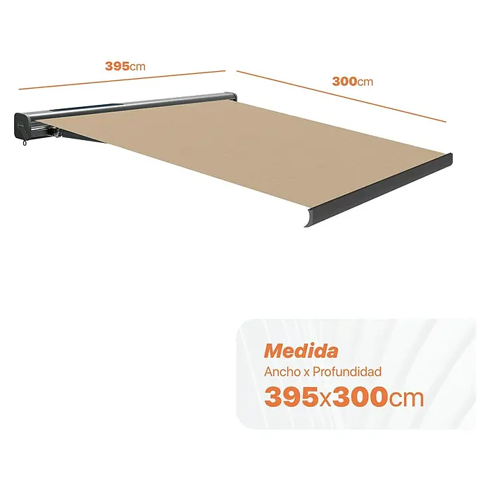 SmartSun Toldo de cofre completo Dark Fiji - Beige, Ancho: 3,95 m, Caída: 3 m - Imagen de un toldo que mide 395x300 cm, ideal para proporcionar sombra en terrazas y balcones.