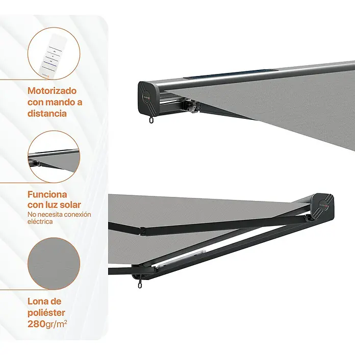 SmartSun Toldo de cofre completo Dark Fiji - Gris piedra, Ancho: 3,95 m, Caída: 3 m - La imagen muestra un toldo con control remoto, energía solar y un tejido de poliéster de 280gr/m², ideal para uso exterior.