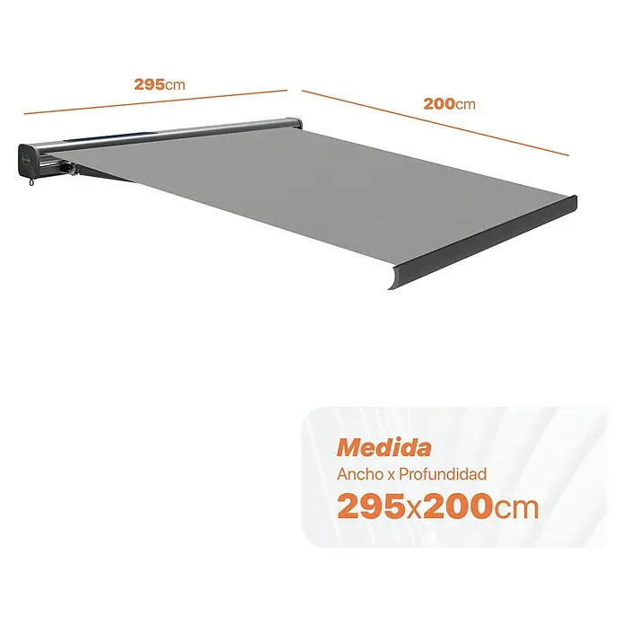 SmartSun Toldo de cofre completo Dark Fiji - Gris piedra, Ancho: 2,95 m, Caída: 2 m - Imagen de un toldo gris con dimensiones de 295x200cm, ideal para proporcionar sombra y protección en exteriores.