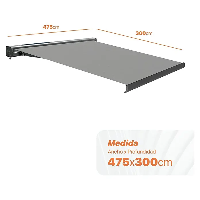 SmartSun Toldo de cofre completo Dark Fiji - Gris piedra, Ancho: 4,75 m, Caída: 3 m - Imagen de un toldo con unas dimensiones de 475 cm de ancho y 300 cm de profundidad.